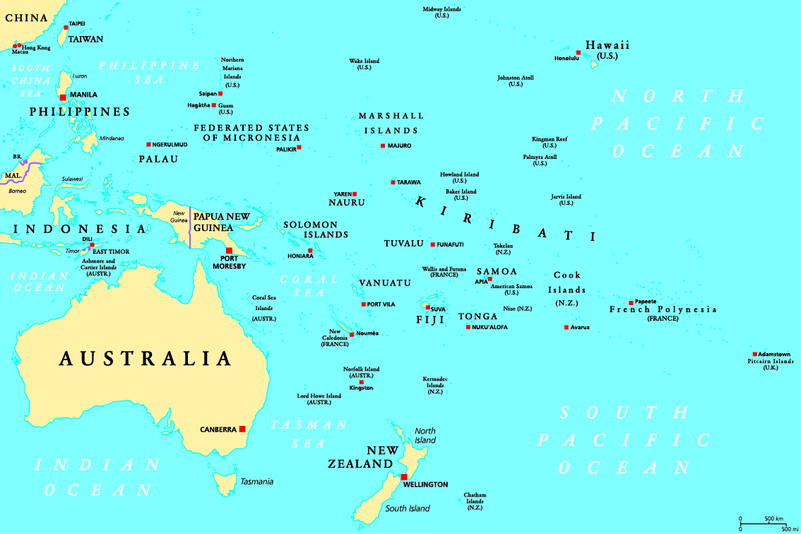 Mapa político de Oceanía. Región, centrada en las islas centrales del Océano Pacífico con Australia